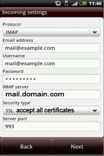 Enter your IMAP server to the IMAP server input field (this will be provided by your email host provider). Set your security type to "SSL accept all certificates".