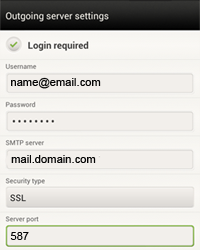 Fill "Username" field with the email address you are adding. Fill "Password" field with password of the email address you are adding. Fill the "SMTP server" field with your SMTP server name (this will be provided by your email host provider). Ensure the "Server port" field is 587.