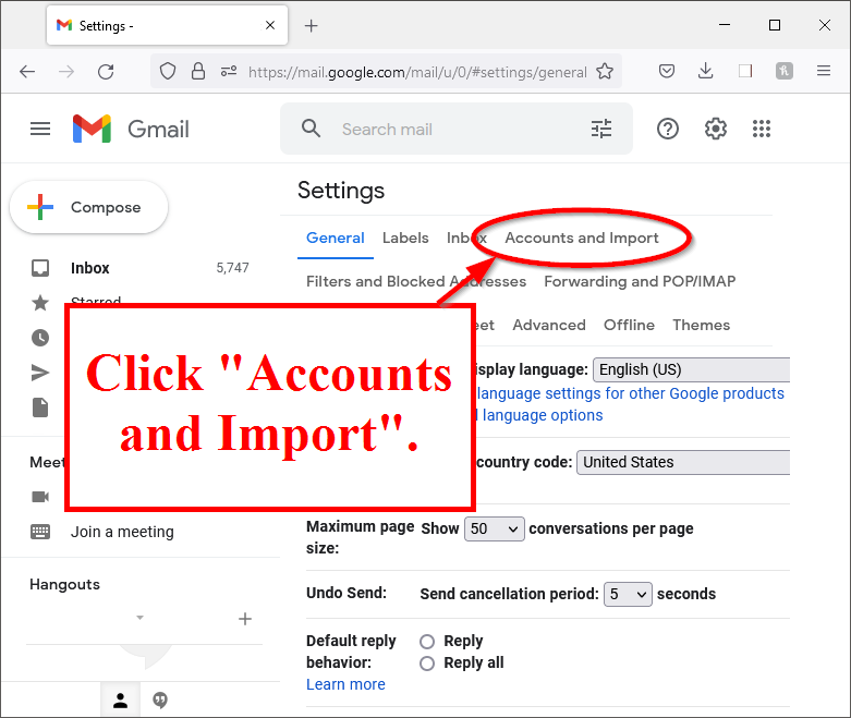Click "Accounts and Import" tab.