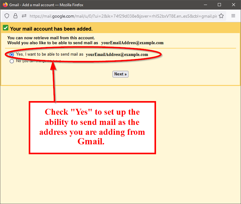 Check "Yes" option to set up the ability to send mail as the address you are adding from Gmail.