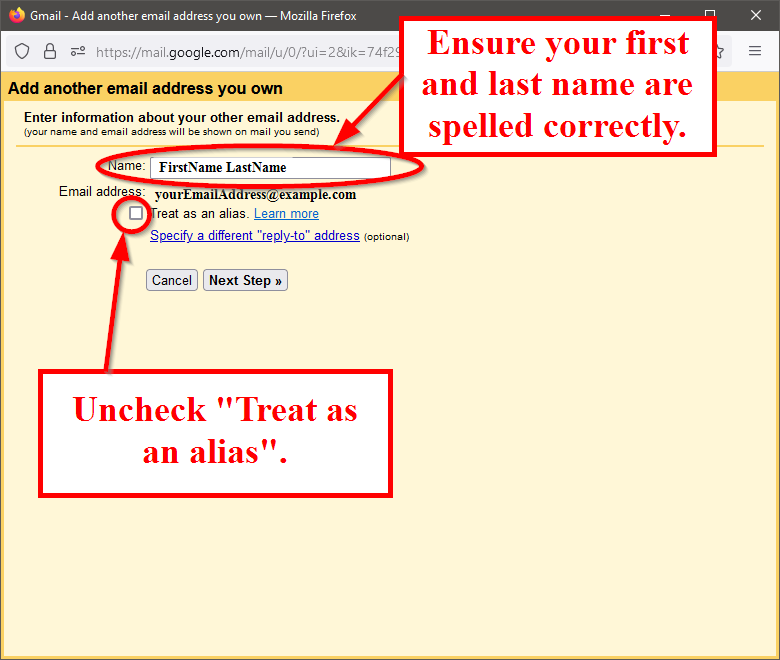 Step 1: Ensure you first and last name are spelled correctly. Step 2: Uncheck "Treat as an alias" option.