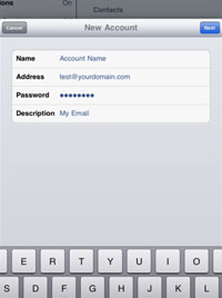 Fill "Name" field with your first and last name. Fill "Address" field with the email address you are adding. Fill "Password" field with the password of the email address you are adding. Fill "Description" with your own description of the email.