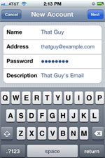 Fill "Name" field with your first and last name. Fill "Address" field with the email address you are adding. Fill "Password" field with the password of the email address you are adding. Fill "Description" with your own description of the email.