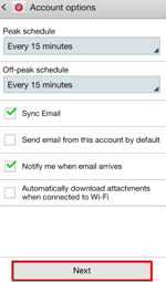 Select "Sync Email". Select "Notify me when email arrives". Select "Next".